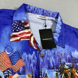 Hawalili Mens XL Christmas Patriotic Santa American Flag Blue Button Up Shirt